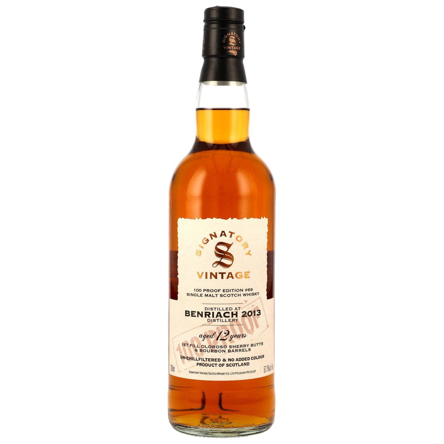 Benriach 2013/2025 - 12 años - Barricas de Oloroso Sherry y Bourbon de primer llenado - Signatory 100 PROOF Edición #69